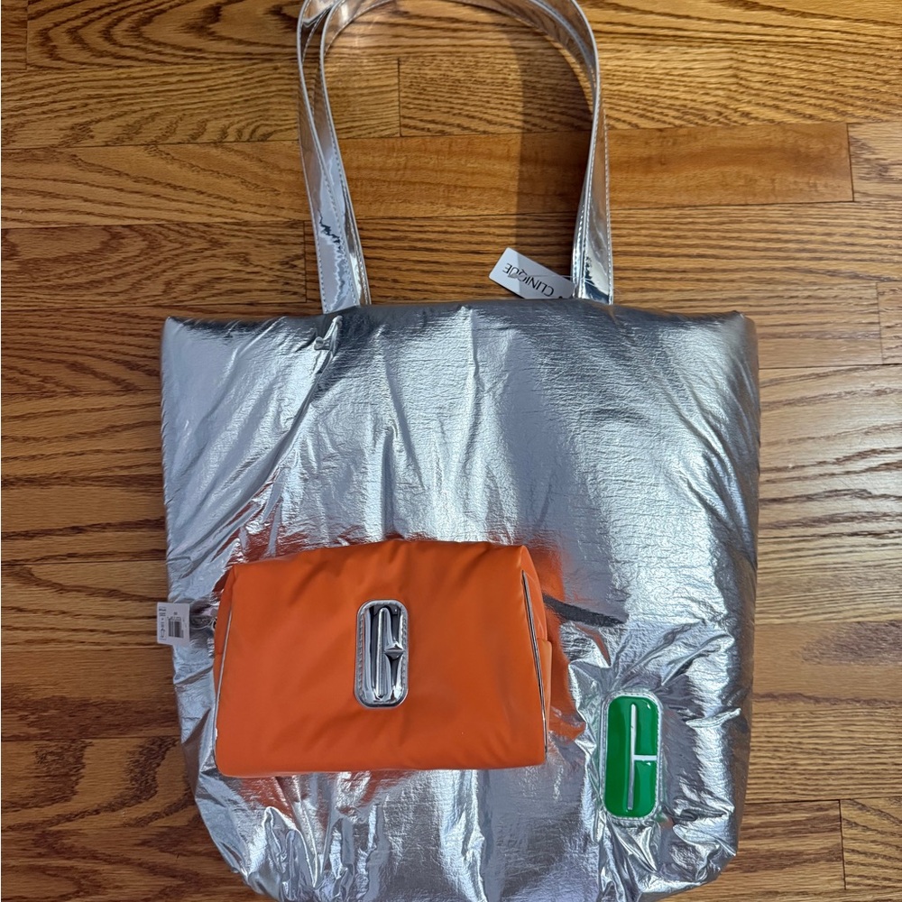 Clinique Metallic Silver Tote and Vibrant Orange Make-Up Bag